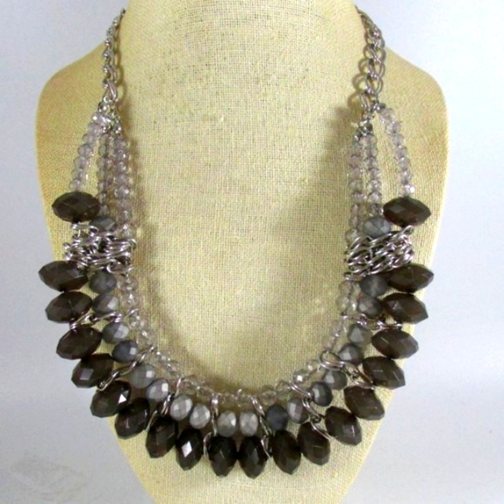 Tri Color Grey Crystal Bid Statement Rhodium Plated Necklace